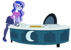 Size: 4936x3511 | Tagged: safe, artist:gmaplay, imported from derpibooru, princess luna, equestria girls, desk, desktop, hand on hip, phone, seductive, seductive pose, simple background, solo, transparent background, vice principal luna