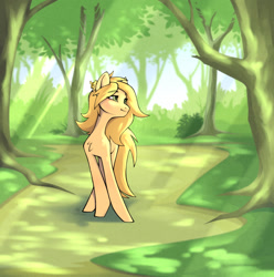 Size: 1268x1280 | Tagged: safe, artist:lilitepsilon, imported from derpibooru, oc, oc only, oc:hayflower, earth pony, mouse, pony, bush, chest fluff, colored eyebrows, crepuscular rays, eyebrows, eyebrows visible through hair, forest, green eyes, looking sideways, pet, smiling, solo, sunshine, tail, tree, yellow mane, yellow tail