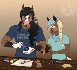 Size: 2832x2550 | Tagged: safe, artist:askbubblelee, imported from derpibooru, oc, oc only, oc:timber swirl, oc:walter nutt, anthro, earth pony, unguligrade anthro, anthro oc, beard, beret, blushing, braided ponytail, clothes, commission, craft, digital art, duo, earth pony oc, facial hair, figurine, gaming miniature, glasses, gradient background, hat, hoers, implied gay, male, miniature, painting, sculpture, shirt, stallion, wood