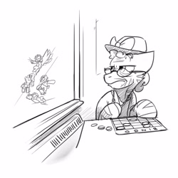 Size: 4000x4000 | Tagged: safe, artist:captainhoers, imported from derpibooru, oc, oc only, earth pony, pegasus, pony, unicorn, absurd resolution, annoyed, bingo, black and white, elderly, glasses, grayscale, hat, monochrome, skateboard, solo focus, spray paint