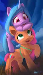 Size: 3200x5600 | Tagged: safe, artist:auroriia, imported from derpibooru, izzy moonbow, sunny starscout, earth pony, pony, unicorn, cute, female, g5, high res, izzy moonbow riding sunny starcout, izzybetes, looking at each other, looking at someone, looking down, looking up, mare, my little pony: a new generation, ponies riding ponies, riding, scene interpretation, sunnybetes