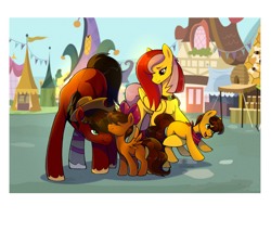 Size: 1934x1650 | Tagged: safe, artist:lilitepsilon, imported from derpibooru, oc, oc only, oc:applecore, oc:gentle war, oc:rumble apple, oc:tumble apple, earth pony, pegasus, pony, amputee, bow, clothes, colt, eyeshadow, family, female, filly, foal, gem, green eyes, hair bow, hat, holding a pony, jewelry, makeup, male, mare, market, necklace, oc x oc, offspring, parents:oc x oc, photo, prosthetic leg, prosthetic limb, prosthetics, scarf, shipping, smiling, stallion, straight