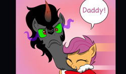 Size: 1294x768 | Tagged: safe, artist:doublewbrothers, edit, imported from derpibooru, king sombra, scootaloo, pony, unicorn, colored horn, cropped, curved horn, cute, cutealoo, duo, eyes closed, father and child, father and daughter, female, filly, foal, horn, looking at you, male, old art, sombra eyes, sombra horn, speech bubble