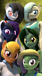 Size: 2160x3840 | Tagged: safe, artist:dangerousdpad, imported from derpibooru, oc, oc only, oc:arrell, oc:denalia, oc:golden berry, oc:green screen, oc:madam matilda, oc:moonshine, oc:moonshine dusk, anthro, bat pony, earth pony, pegasus, plantigrade anthro, unicorn, 3d, clothes, group, looking at you, shirt, source filmmaker