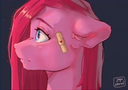 Size: 4096x2896 | Tagged: safe, artist:jaynsparkle, imported from derpibooru, pinkie pie, earth pony, pony, bandaid, crying, ear fluff, eyebrows, eyelashes, female, floppy ears, mare, pinkamena diane pie, simple background, solo