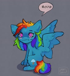 Size: 2921x3202 | Tagged: safe, artist:jaynsparkle, imported from derpibooru, rainbow dash, pegasus, pony, blushing, colored pupils, cute, eyebrows, eyelashes, feathered wings, female, gray background, high res, looking at you, mare, simple background, sitting, solo, speech bubble, spread wings, wings