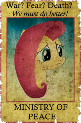 Size: 1024x1563 | Tagged: safe, artist:shtopor7, imported from derpibooru, fluttershy, pegasus, pony, fallout equestria, anti-war, ministry mares, ministry of peace, poster, propaganda, propaganda poster, solo