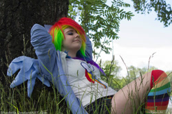 Size: 960x639 | Tagged: safe, artist:shadeila, imported from derpibooru, rainbow dash, human, 2015, clothes, cosplay, costume, cutie mark on clothes, irl, irl human, multicolored hair, photo, rainbow hair, rainbow socks, socks, solo, striped socks