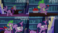 Size: 1280x720 | Tagged: safe, edit, edited screencap, editor:quoterific, imported from derpibooru, screencap, spike, twilight sparkle, alicorn, dragon, pony, season 5, what about discord?, duo, eyes closed, female, gem, library, male, mare, misspelling, open mouth, shrunken pupils, smiling, text, twilight sparkle (alicorn), twilight's castle, twilight's castle library