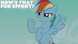 Size: 1280x720 | Tagged: safe, edit, edited screencap, editor:quoterific, imported from derpibooru, screencap, rainbow dash, pegasus, pony, 28 pranks later, season 6, female, flying, grin, mare, smiling, solo, spread wings, text, wings