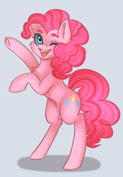 Size: 1640x2360 | Tagged: safe, artist:kurochhi, imported from derpibooru, pinkie pie, pony, gray background, one eye closed, rearing, simple background, solo, wink