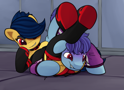 Size: 2071x1500 | Tagged: safe, artist:einboph, imported from derpibooru, oc, oc:soft step, pony, butt, clothes, collar, female, femdom, goth, headscissors, male, mare, panties, panty shot, plot, socks, sports, squeezing, stallion, stockings, thigh highs, underwear, wrestling