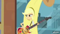 Size: 640x360 | Tagged: safe, imported from derpibooru, screencap, applejack, a case for the bass, equestria girls, rainbow rocks, animated, applejack's hat, bananajack, bass guitar, cowboy hat, eyes closed, facepalm, female, gif, gifs.com, hat, musical instrument, solo