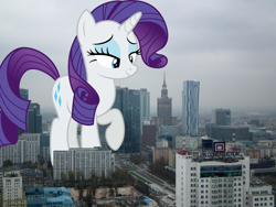 Size: 1600x1200 | Tagged: safe, artist:dashiesparkle, artist:thegiantponyfan, imported from derpibooru, rarity, pony, unicorn, eyeshadow, female, giant pony, giant unicorn, giantess, highrise ponies, irl, looking down, macro, makeup, mare, mega giant, mega rarity, photo, poland, ponies in real life, raised hoof, story included, the palace of culture and science, warsaw
