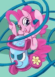 Size: 2408x3368 | Tagged: safe, artist:noupu, imported from derpibooru, pinkie pie, earth pony, pony, female, mare, open mouth, open smile, party vacuum cleaner, riding, smiling, solo, vacuum cleaner