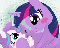 Size: 932x750 | Tagged: safe, artist:noupu, imported from derpibooru, princess flurry heart, twilight sparkle, alicorn, pony, aunt and niece, auntie twilight, baby, baby pony, blush sticker, blushing, caress, cheek squish, cute, duo, duo female, female, flurrybetes, head pat, looking at each other, looking at someone, mare, pat, smiling, squishy cheeks, twiabetes, twilight is bae, twilight sparkle (alicorn)