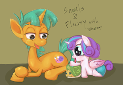 Size: 2744x1885 | Tagged: safe, artist:noupu, imported from derpibooru, princess flurry heart, snails, whammy, alicorn, pony, unicorn, baby, baby pony, crossed hooves, duo, female, lidded eyes, lying down, male, open mouth, open smile, plushie, prone, smiling, tongue out