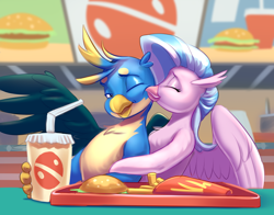 Size: 2532x1983 | Tagged: safe, artist:kittytitikitty, imported from derpibooru, gallus, silverstream, classical hippogriff, griffon, hippogriff, burger, cheek kiss, cute, diastreamies, drink, embrace, fast food, female, food, french fries, gallabetes, gallstream, hamburger, interspecies, kissing, male, shipping, spread wings, straight, teenager, wings