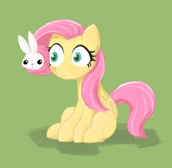 Size: 2000x1952 | Tagged: safe, artist:noupu, imported from derpibooru, angel bunny, fluttershy, pegasus, pony, rabbit, animal, duo, female, folded wings, green background, male, mare, prehensile mane, simple background, sitting, wide eyes, wings