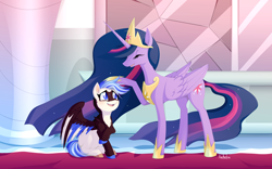 Size: 4368x2727 | Tagged: safe, artist:xackadzu, imported from derpibooru, twilight sparkle, oc, alicorn, pegasus, pony, the last problem, duo, height difference, hoof on head, hoof shoes, jewelry, long mane, long tail, older, older twilight, pegasus oc, physique difference, princess shoes, princess twilight 2.0, regalia, slim, smiling, tail, tall, twilight sparkle (alicorn)