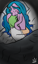 Size: 430x713 | Tagged: safe, artist:neonnaisedraws, imported from derpibooru, izzy moonbow, oc, oc:anon, human, pony, unicorn, bed, blushing, cuddling, female, g5, hug, human on pony snuggling, lying down, male, mare, my little pony: a new generation, romance, sleepy, smiling, snuggling, straight