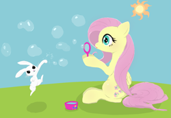 Size: 1457x1000 | Tagged: safe, artist:noupu, imported from derpibooru, angel bunny, fluttershy, pegasus, pony, rabbit, animal, blowing bubbles, bubble, bubble wand, duo, female, jumping, male, mare, punch, sitting, smiling, sun