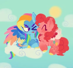 Size: 1472x1376 | Tagged: safe, artist:sidruni, imported from derpibooru, pinkie pie, rainbow dash, pegasus, pony, cloud, duo, female, g5 concept leaks, lesbian, on a cloud, pegasus pinkie pie, pinkie pie (g5 concept leak), pinkiedash, race swap, rainbow dash (g5 concept leak), shipping