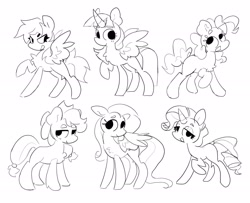 Size: 2048x1662 | Tagged: safe, artist:swirlseypop, imported from derpibooru, applejack, fluttershy, pinkie pie, rainbow dash, rarity, twilight sparkle, alicorn, earth pony, pegasus, pony, unicorn, black and white, female, grayscale, lineart, mane six, mare, monochrome, twilight sparkle (alicorn), wip