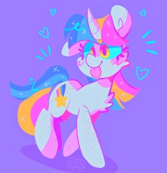 Size: 1986x2048 | Tagged: safe, artist:swirlseypop, imported from derpibooru, oc, oc only, pony, unicorn, :p, cheek fluff, chest fluff, emanata, eyestrain warning, freckles, multicolored hair, purple background, simple background, solo, tongue out