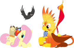 Size: 3550x2287 | Tagged: safe, artist:porygon2z, imported from derpibooru, fluttershy, owlowiscious, oc, oc:blaze, oc:kaizu, bird, crow, griffon, pegasus, pony, simple background, the lion king, transparent background, zazu