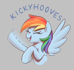 Size: 313x296 | Tagged: safe, artist:thebatfang, imported from derpibooru, rainbow dash, pegasus, pony, aggie.io, eyes closed, female, flying, happy, hoofy-kicks, lowres, mare, open mouth, simple background, smiling, solo, waving