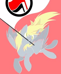 Size: 1850x2217 | Tagged: safe, artist:clair, imported from derpibooru, derpy hooves, pegasus, pony, antifa, comments locked down, female, flag, flying, full body, lineless, mouth hold, no pupils, pink background, politics, simple background, solo, spread wings, tail, wings