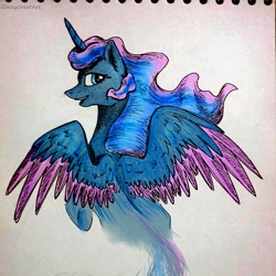 Size: 1172x1172 | Tagged: safe, artist:glassygreatart, imported from derpibooru, princess luna, alicorn, pony, horn, smiling, solo, spread wings, traditional art, wings