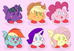 Size: 1093x758 | Tagged: safe, artist:noupu, imported from derpibooru, applejack, fluttershy, pinkie pie, rainbow dash, rarity, twilight sparkle, :i, applejack's hat, blush sticker, blushing, cowboy hat, crossover, hat, horn, kirby (series), kirby applejack, kirby dash, kirby pie, kirbyfied, mane six, open mouth, open smile, puffball, smiling, species swap, wings