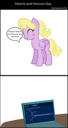 Size: 1145x2131 | Tagged: safe, artist:itz-rainbowshine295, imported from derpibooru, oc, oc:rainbowshine, pegasus, pony, blushing, comic strip, computer, hearts and hooves day, laptop computer, pegasus oc, ponysona, speech bubble