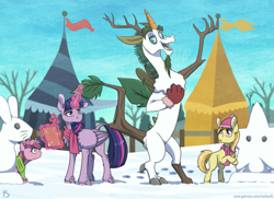 Size: 2199x1600 | Tagged: safe, artist:inuhoshi-to-darkpen, imported from derpibooru, discord, noi, ruby pinch, twilight sparkle, alicorn, draconequus, pony, clipboard, clothes, female, filly, foal, footprint, patreon, scarf, snow, snowman, tent, tree, twilight sparkle (alicorn)