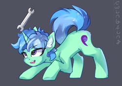 Size: 1647x1163 | Tagged: safe, artist:twinkling, imported from derpibooru, oc, oc only, pony, unicorn, balancing, digital art, gray background, horn, simple background, unicorn oc, wrench