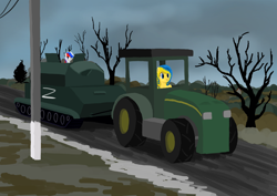 Size: 2480x1754 | Tagged: safe, artist:dr-fade, imported from derpibooru, oc, oc only, oc:marussia, oc:ukraine, earth pony, pony, current events, john deere, nation ponies, ponified, russia, tank (vehicle), tractor, ukraine, war, z, z (military symbol)