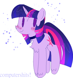 Size: 1310x1384 | Tagged: safe, artist:cutiesparke, imported from derpibooru, twilight sparkle, pony, unicorn, blushing, chest fluff, choker, double mane, eye clipping through hair, female, gradient, lightly watermarked, looking left, simple background, smiling, solo, stars, unicorn twilight, watermark, white background