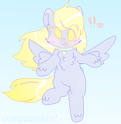 Size: 1236x1274 | Tagged: safe, artist:cutiesparke, imported from derpibooru, derpy hooves, pegasus, bell, blushing, chest fluff, collar, ear fluff, female, flying, gradient background, heart, lightly watermarked, looking at you, simple background, sky, solo, spread wings, watermark, windswept mane, wings