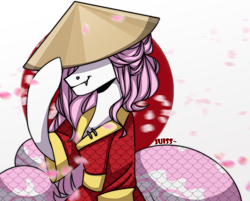 Size: 2688x2160 | Tagged: safe, artist:juiss, imported from derpibooru, oc, oc only, lamia, original species, hat, petals, samurai, straw hat