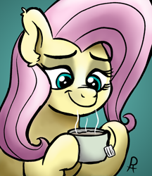 Size: 1132x1308 | Tagged: safe, artist:doodledonutart, imported from derpibooru, fluttershy, pony, bust, cup, female, food, gradient background, hoof hold, looking at something, looking down, mare, smiling, solo, tea, teacup, three quarter view