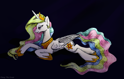 Size: 1080x685 | Tagged: safe, artist:glassygreatart, imported from derpibooru, princess celestia, alicorn, pony, black background, folded wings, horn, jewelry, regalia, simple background, solo, traditional art, wings