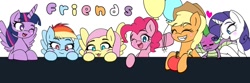 Size: 1500x500 | Tagged: safe, artist:zeon_starlight, imported from derpibooru, applejack, fluttershy, pinkie pie, rainbow dash, rarity, spike, twilight sparkle, alicorn, dragon, earth pony, pegasus, pony, unicorn, :3, apple, applejack's hat, balloon, blushing, blushing profusely, cowboy hat, emanata, eyes closed, female, food, freckles, friends, hat, heart, hoof hold, horn, looking at someone, looking at you, looking down, male, mane seven, mane six, mare, one eye closed, open mouth, open smile, smiling, spread wings, text, tongue out, twilight sparkle (alicorn), wings, wink, winking at you