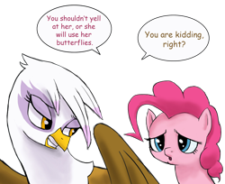 Size: 2480x2028 | Tagged: safe, artist:doublewbrothers, edit, edited screencap, imported from derpibooru, screencap, gilda, pinkie pie, earth pony, griffon, pony, background removed, not a vector, simple background, speech bubble, transparent background