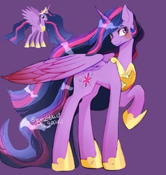 Size: 1290x1355 | Tagged: safe, artist:sjmarts, imported from derpibooru, twilight sparkle, alicorn, pony, the last problem, female, jewelry, large wings, long legs, long mane, long tail, older, older twilight, princess twilight 2.0, purple background, raised hoof, regalia, simple background, slim, solo, tail, tall, twilight sparkle (alicorn), wings