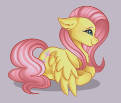 Size: 1933x1640 | Tagged: safe, artist:kurochhi, imported from derpibooru, fluttershy, pegasus, pony, chest fluff, cute, female, floppy ears, gray background, lying, lying down, mare, ponyloaf, profile, prone, shyabetes, simple background, smiling, solo, spread wings, wings, wings down