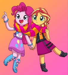 Size: 1061x1162 | Tagged: safe, artist:fruiitypieq, artist:nextlvl-adopts, artist:shycookieq, imported from derpibooru, pinkie pie, sunset shimmer, equestria girls, base used, clothes, duo, female, gradient background, lesbian, open mouth, scarf, shared clothing, shared scarf, shipping, skirt, striped scarf, sunsetpie