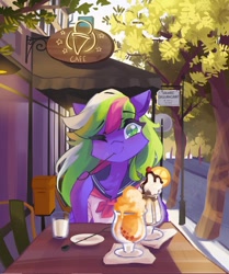 Size: 856x1024 | Tagged: safe, artist:saxopi, imported from derpibooru, oc, oc only, pegasus, pony, cafe, cheek fluff, chest fluff, clothes, colored pupils, cup, date, detailed background, eyebrows, eyebrows visible through hair, eyelashes, food, green eyes, ice cream, ice cream sundae, looking at you, multicolored mane, napkin, oc name needed, offscreen character, one eye closed, outdoors, pegasus oc, plate, pov, road, sailor uniform, seat, smiling, smiling at you, solo, table, tree, uniform, wink, winking at you