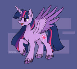 Size: 1569x1400 | Tagged: safe, artist:glassygreatart, imported from derpibooru, twilight sparkle, alicorn, classical unicorn, pony, cloven hooves, horn, leonine tail, smiling, solo, spread wings, twilight sparkle (alicorn), unshorn fetlocks, wings